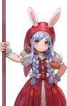  1girl animal_ears blue_hair blush bow bow_(bhp) braid closed_mouth cosplay dragon_quest dragon_quest_xi dress ears_through_headwear hair_bow hand_on_hip head_scarf highres holding holding_staff hololive looking_at_viewer multicolored_hair orange_eyes puffy_short_sleeves puffy_sleeves rabbit_ears red_dress short_sleeves simple_background smile solo staff twin_braids two-tone_hair usada_pekora veronica_(dq11) veronica_(dq11)_(cosplay) white_background white_bow white_hair wristband 