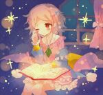  1girl bangs bed blanket blonde_hair blue_bow blush book bow character_request curtains dress eyebrows_visible_through_hair hair_bow hibi89 holding holding_book jewelry merc_storia one_eye_closed open_book pajamas pillow pink_bow pink_dress reading red_eyes rubbing_eyes short_hair sitting solo sparkle 