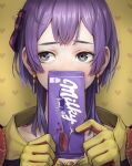  1girl bernadetta_von_varley bow candy chocolate chocolate_bar earrings eyebrows_visible_through_hair fire_emblem fire_emblem:_three_houses food gloves green_eyes hair_bow heart heart_background jewelry kazuko_(towa) looking_to_the_side medium_hair purple_hair solo yellow_background yellow_gloves 