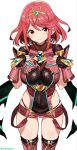  1girl armor bangs black_gloves blush breasts chest_jewel covered_navel earrings eyebrows_visible_through_hair fingerless_gloves gem gloves hands_on_own_chest headpiece highres jewelry large_breasts lips pyra_(xenoblade) red_eyes redhead shisoneri short_hair short_shorts shorts shoulder_armor smile solo swept_bangs thigh-highs thighs xenoblade_chronicles_(series) xenoblade_chronicles_2 