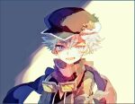  1boy black_headwear blue_eyes character_request goggles goggles_around_neck grey_shirt hair_between_eyes hat hat_ornament hibi89 jacket looking_at_viewer male_focus merc_storia open_mouth scarf shirt short_hair simple_background smile solo white_hair 