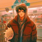  1boy 1other alternate_costume bakugou_katsuki bangs blurry blurry_background boku_no_hero_academia character_pillow closed_mouth depth_of_field freckles frown green_eyes grey_hoodie highres holding hood hood_up hoodie indoors jacket long_sleeves midoriya_izuku open_clothes open_jacket red_jacket short_hair solo_focus upper_body wengwengchim 