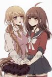  2girls :d ahoge akamatsu_kaede alternate_hairstyle bangs black_skirt blonde_hair blunt_bangs blush breasts brown_hair closed_mouth collared_shirt criis-chan dangan_ronpa_(series) dangan_ronpa_v3:_killing_harmony english_commentary frown hair_ornament hairclip harukawa_maki holding_hands long_hair long_sleeves looking_at_viewer low_twintails medium_breasts miniskirt multiple_girls musical_note_hair_ornament necktie open_mouth pink_vest pleated_skirt purple_skirt red_shirt sailor_collar school_uniform scrunchie serafuku shirt skirt sleeves_rolled_up smile thigh-highs twintails vest white_shirt zettai_ryouiki 