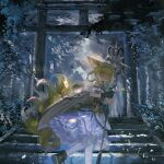  1girl animal_ears arknights blonde_hair braid fox_ears fox_girl fox_tail frilled_skirt frills frischenq headband holding holding_staff looking_back plant skirt solo staff stairs suzuran_(arknights) tail torii 