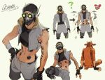  1boy 1girl animal_costume annoyed apex_legends arm_tattoo arrow_(symbol) beige_background black_gloves black_shirt character_name cropped_shirt cropped_vest double_bun exploding_clothes fingerless_gloves gloves grey_vest hand_on_hip iwamoto_zerogo leg_up lifeline_(apex_legends) mechanical_legs midriff multiple_views navel octane_(apex_legends) pink_hair prosthesis prosthetic_leg reindeer_costume shirt sitting tattoo vest 