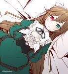  1girl bangs bed_sheet blush brown_hair commentary_request dress eyebrows_visible_through_hair frilled_dress frills green_dress green_eyes hair_between_eyes haryuu_(poetto) heterochromia highres juliet_sleeves long_hair long_sleeves lying on_back parted_lips pillow puffy_sleeves red_eyes rozen_maiden solo suiseiseki twitter_username very_long_hair wide_sleeves 