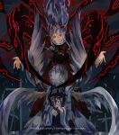  2girls angel_wings artist_name capelet closed_eyes closed_mouth collar cross dress glowing glowing_eyes highres holding holding_wand kneeling long_dress long_hair long_sleeves looking_at_viewer multiple_girls multiple_wings naufaldreamer outstretched_arms red_dress red_eyes sariel_(touhou) shinki_(touhou) short_hair smile spread_arms wand white_hair wide_sleeves wings 