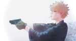  1boy alternate_costume artist_name bakugou_katsuki bangs blonde_hair boku_no_hero_academia brown_gloves closed_eyes commentary_request from_side gloves gun handgun hands_up holding holding_gun holding_weapon leaf_print long_sleeves male_focus mouth_hold pistol profile short_hair simple_background solo spiky_hair upper_body weapon wengwengchim wide_sleeves 