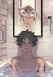  2boys absurdres arms_up artist_name bakugou_katsuki bangs bathtub blonde_hair boku_no_hero_academia collarbone freckles green_hair hand_in_hair highres male_focus midoriya_izuku mirror multiple_boys nipples open_mouth reflection short_hair spiky_hair tile_wall tiles towel water wengwengchim 