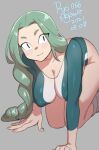  1girl 2021 :3 agawa_ryou all_fours breasts commentary dated english_commentary green_hair grey_background large_breasts long_hair looking_at_viewer original simple_background slit_pupils solo thighs 