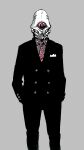  black_pants black_suit cyberpunk cyclops formal grey_background grey_shirt greyscale hands_in_pockets heisy_ss highres looking_at_viewer monochrome necktie one-eyed original pants robot science_fiction shirt spot_color standing suit 