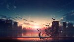  2girls absurdres animal basket bicycle bird building clouds commentary_request from_side ground_vehicle highres long_hair multiple_girls original riding_bicycle scarf scenery shirt shoes short_hair signature sitting skirt sky skyrick9413 star_(sky) starry_sky sunlight sunset 
