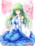 1girl ^_^ bangs bare_shoulders blue_skirt breasts cherry_blossoms closed_eyes commentary_request detached_sleeves eyebrows_visible_through_hair facing_viewer frog_hair_ornament full_body green_hair hair_between_eyes hair_ornament highres kneeling kochiya_sanae large_breasts long_hair long_skirt navel osashin_(osada) petals sitting skirt smile snake_hair_ornament solo touhou very_long_hair wide_sleeves