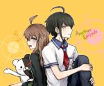  1boy 1girl :d ahoge bangs black_pants black_skirt brother_and_sister brown_eyes brown_hair commentary_request dangan_ronpa:_trigger_happy_havoc dangan_ronpa_(series) dangan_ronpa_another_episode:_ultra_despair_girls genderswap genderswap_(ftm) genderswap_(mtf) hood hood_down leg_hug long_hair looking_at_viewer monokuma naegi_komaru naegi_makoto number open_mouth pants pleated_skirt red_neckwear sailor_collar shirt short_sleeves siblings sitting skirt smile white_shirt xsinon yellow_background 