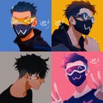  &gt;_&lt; 1boy :3 alternate_costume apex_legends black_hair double_v glasses goggles hair_slicked_back iwamoto_zerogo looking_ahead looking_at_viewer looking_down male_focus mask mouth_mask multiple_views octane_(apex_legends) shaded_face undercut uwu v 