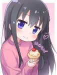  1girl bangs black_hair blush cherry closed_mouth commentary_request cupcake eyebrows_visible_through_hair food fruit hair_between_eyes hands_up heart holding holding_food jigatei_(omijin) long_hair long_sleeves looking_at_viewer pink_background pink_sweater shirosaki_hana sleeves_past_wrists smile solo sparkle sweater translation_request two-tone_background very_long_hair violet_eyes watashi_ni_tenshi_ga_maiorita! white_background 