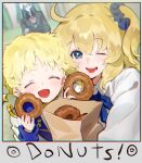  1girl 2boys ahoge alternate_eye_color alternate_hair_color bag bangs blonde_hair blue_eyes blush breasts charles-henri_sanson_(fate) collared_shirt doughnut dress_shirt fate/grand_order fate/requiem fate_(series) food fujimaru_ritsuka_(female) galibo hair_ornament hair_scrunchie long_sleeves looking_at_viewer multiple_boys one_side_up open_mouth paper_bag parted_bangs scrunchie shirt short_hair smile voyager_(fate) white_shirt 