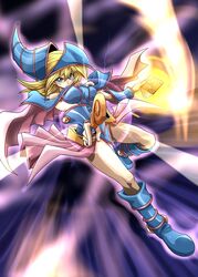  1girl absurdres bangs bare_shoulders blonde_hair blue_footwear blush_stickers book boots breasts choker commentary_request dark_magician_girl duel_monster energy fingernails green_eyes hair_between_eyes hat highres holding holding_book holding_wand knees long_hair looking_at_viewer solo wand wizard_hat yu-gi-oh! zeke_(analogmon) 