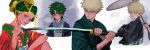  2boys absurdres alternate_costume alternate_hairstyle angry bakugou_katsuki black_kimono blonde_hair boku_no_hero_academia cropped_shoulders crossdressinging crossed_arms freckles green_eyes green_hair hand_up haori highres holding holding_sword holding_umbrella holding_weapon huge_filesize incredibly_absurdres japanese_clothes katana kimono knee_up looking_at_viewer looking_down male_focus messy_hair midoriya_izuku multiple_boys multiple_views oil-paper_umbrella parted_lips red_eyes red_kimono red_lips short_hair sword umbrella weapon wengwengchim 