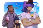  +_+ 3boys alternate_costume alternate_hairstyle bangs baseball_cap blush brothers brown_hair bubble_tea bubble_tea_challenge butterfree character_print chariko clenched_hands clouds crossed_arms cup dark_skin dark_skinned_male drinking drinking_straw drinking_straw_in_mouth earrings english_text fang gen_1_pokemon glint grey_hoodie half-closed_eyes hands_up hat holding holding_cup hood hood_down hoodie hop_(pokemon) jewelry leon_(pokemon) long_hair long_sleeves male_focus multiple_boys muscular muscular_male open_mouth orange_eyes pikachu pokemon pokemon_(creature) pokemon_(game) pokemon_swsh ponytail purple_hair raihan_(pokemon) shirt short_hair short_sleeves siblings sky sparkle symbol_commentary t-shirt undercut white_shirt wristband 