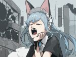  1girl alternate_costume animal_ears blue_hair cat_ears closed_eyes enmaided gogalking hand_up kemonomimi_mode long_hair maid ofelia_(gogalking) open_mouth original ruins short_sleeves solo symbol_commentary tears upper_body wristband yawning 