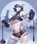  1girl abs architecture ball_and_chain_(weapon) bandaged_arm bandages bare_shoulders black_hair black_shorts blindfold breasts building commentary_request contrapposto covered_eyes cowboy_shot east_asian_architecture facing_viewer gauntlets grey_background grin halter_top halterneck highres holding holding_weapon large_breasts multicolored_hair muscular muscular_female navel ogami original patchwork_skin revealing_clothes scar_on_arm scar_on_leg short_hair short_shorts shorts signature smile solo spikes spiky_hair standing stitched_face stitches stomach taut_clothes tree two-tone_hair under_boob weapon white_hair zombie 