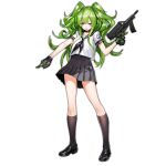  1girl bangs black_footwear black_gloves black_legwear black_sailor_collar black_skirt blush breasts calico_m950 girls_frontline gloves green_gloves green_hair gun hair_between_eyes holding holding_gun holding_weapon infukun kneehighs long_hair looking_at_viewer m950a_(girls_frontline) medium_breasts messy_hair official_alternate_costume official_art open_mouth pleated_skirt pointing sailor_collar school_uniform serafuku shirt shoes short_sleeves sidelocks skirt solo transparent_background twintails two-tone_gloves weapon white_shirt yellow_eyes 