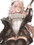  animal_ear_fluff animal_ears arknights bare_shoulders blush dark_skin frischenq gravel_(arknights) holding holding_weapon jacket long_hair looking_to_the_side mouse_ears mouse_girl open_clothes open_jacket pink_eyes pink_hair weapon 