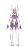  1girl :3 animal_ears arms_at_sides bodysuit cat_ears closed_mouth commentary_request concept_art dark_skin dark-skinned_female dot_nose enkyo_yuuichirou full_body gloves looking_at_viewer original pince-nez purple_bodysuit purple_gloves short_hair solo standing translated violet_eyes white_hair 
