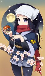  1girl absurdres black_hair blush closed_mouth commentary_request eyelashes female_protagonist_(pokemon_legends:_arceus) flower hands_up head_scarf highres holding holding_poke_ball long_hair moon poke_ball poke_ball_(legends) pokemon pokemon_(game) pokemon_legends:_arceus ponytail red_scarf sash scarf sidelocks smile solo tm_(hanamakisan) violet_eyes white_headwear 