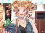  1girl 2019 :d bangs blonde_hair commentary_request door earphones eyelashes happy heart highres open_mouth original signature smile solo sophia_vera_lu upper_body 