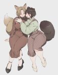  2girls :d animal_ears arm_around_waist arm_support black_footwear blonde_hair blush brown_hair brown_pants dress fox_ears fox_tail green_shirt grey_background highres invisible_chair long_dress looking_at_viewer medium_hair mole mole_under_eye multiple_girls muroku_(aimichiyo0526) open_mouth original pants parted_lips raccoon_ears raccoon_tail red_dress shirt shoes simple_background sitting smile strappy_heels tail unmoving_pattern yellow_eyes 