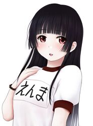  1girl :d bangs bead_bracelet beads black_hair bracelet breasts commentary_request enma_ai eyebrows_visible_through_hair gym_shirt hand_up jewelry jigoku_shoujo kozue_akari long_hair name_tag open_mouth puffy_short_sleeves puffy_sleeves red_eyes shirt short_sleeves simple_background small_breasts smile solo upper_body white_background white_shirt 