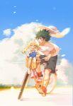  1boy 1girl absurdres artist_name bangs basket black_shorts blonde_hair boku_no_hero_academia child clouds day freckles green_hair hat highres looking_at_viewer messy_hair midoriya_izuku open_mouth outdoors petals pointing pointing_at_viewer red_footwear riding_bicycle shirt shoes short_hair shorts sitting smile sun_hat teeth twintails upper_teeth wengwengchim white_shirt 