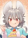  +_+ 1girl :q animal_ears bangs blush cake capelet closed_mouth commentary_request cream cream_on_face eating eyebrows_visible_through_hair food food_on_face fruit grey_hair happy holding holding_spoon icing kibayashi_kimori long_sleeves looking_down mouse mouse_ears mouse_girl mouse_tail nazrin orange_background plate red_eyes shirt short_hair solo spoon strawberry symbol-shaped_pupils tail tongue tongue_out touhou translation_request upper_body white_shirt 