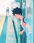  1boy 2others absurdres artist_name backpack bag bangs black_hair blush boku_no_hero_academia collarbone freckles green_eyes ground_vehicle highres male_focus midoriya_izuku multiple_others outdoors parted_lips people scar_on_hand shirt short_hair smile solo_focus train train_station wengwengchim white_shirt 