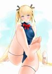  1girl absurdres azur_lane bangs bare_legs barefoot black_ribbon blonde_hair blue_eyes blue_swimsuit bottle bow bowtie breasts cl_(summer_sama) closed_mouth dead_or_alive eyebrows_visible_through_hair hair_ribbon hands_on_floor highres legs legs_up long_hair looking_at_viewer marie_rose marie_rose_(devilish_servant_against_the_splashing_waves) medium_breasts red_neckwear ribbon simple_background sitting sitting_on_floor smile soles solo swimsuit thighs 
