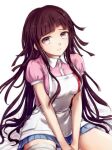  1girl apron bandaged_leg bandages bangs black_hair blue_skirt blunt_bangs blush breasts commentary_request dangan_ronpa_(series) dangan_ronpa_2:_goodbye_despair grey_background long_hair looking_at_viewer medium_breasts mole mole_under_eye nurse open_mouth pleated_skirt puffy_short_sleeves puffy_sleeves purple_hair short_sleeves simple_background sitting skirt smile solo tsumiki_mikan v_arms white_apron white_background xsinon 