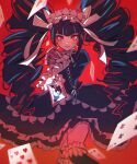 1girl absurdres black_dress black_hair card celestia_ludenberg commentary_request dangan_ronpa_(series) danganronpa:_trigger_happy_havoc danganronpa_(series) dress drill_hair drill_locks earrings eyelashes grgrton hair_ornament happy highres jewelry joker_(card) long_hair looking_at_viewer playing_card red_background red_eyes ribbon simple_background smile solo standing thigh-highs thighs twintails very_long_hair white_ribbon