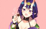  1girl :d barefoot_sandals bob_cut chocolate coll_(erichankun) cup eyeliner fang fate/grand_order fate_(series) food headpiece horns japanese_clothes kimono makeup oni oni_horns open_clothes open_kimono open_mouth purple_hair purple_kimono revealing_clothes sakazuki short_eyebrows short_hair shuten_douji_(fate) skin-covered_horns skin_fang smile violet_eyes 