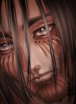  1boy bangs black_hair blue_eyes eren_yeager eyebrows_behind_hair face hair_between_eyes highres lips looking_at_another medium_hair portrait reflective_eyes scar scar_on_cheek scar_on_face shingeki_no_kyojin spoilers vihurah visible_muscle 