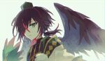  1boy black_hair fan feathered_wings feathers green_eyes green_headwear hair_over_one_eye hat hibi89 looking_at_viewer male_focus merc_storia multicolored_hair short_hair solo streaked_hair string tokin_hat upper_body wings 