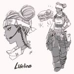  1girl apex_legends character_name double_bun grey_background greyscale hand_on_hip headband headset iwamoto_zerogo lifeline_(apex_legends) looking_back looking_down mask_around_neck monochrome multiple_views navel robot science_fiction smile tank_top walking white_headband 