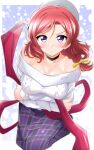  1girl bare_shoulders beret black_choker blush breasts choker commentary_request crossed_arms hat highres kirisaki_reina large_breasts looking_at_viewer love_live! love_live!_school_idol_project nishikino_maki off-shoulder_sweater off_shoulder plaid plaid_skirt purple_skirt red_scarf redhead scarf short_hair skirt solo sweater violet_eyes white_headwear white_sweater 