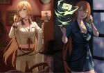  2girls belt blonde_hair blue_suit breasts brown_belt brown_jacket brown_pants brown_suit collarbone commentary commentary_request eyebrows_visible_through_hair formal girls_frontline green_eyes hair_ornament hair_ribbon highres holding holding_clothes holding_jacket holding_letter holding_phone holding_wand holster jacket jewelry letter long_hair looking_at_viewer looking_away m1903_springfield_(girls_frontline) multiple_girls navel necklace orange_hair ots-14_(girls_frontline) pants phone ponytail ribbon silayloe simple_background standing star_(symbol) star_necklace suit wand witch yellow_eyes 