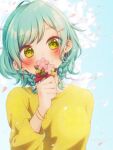  1girl ahoge aqua_hair artist_name bang_dream! bangs blurry blurry_background blush bracelet braid cherry_blossoms closed_mouth commentary_request covered_mouth day earrings eyebrows_visible_through_hair falling_petals flower green_eyes hair_bobbles hair_ornament hairclip hand_up head_tilt highres hikawa_hina holding holding_flower jewelry light_particles long_sleeves looking_at_viewer medium_hair outdoors petals pink_flower ruppi_ko shiny shiny_hair shirt side_braids signature smile solo swept_bangs twin_braids upper_body yellow_shirt 