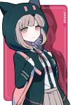  1girl animal_bag animal_hood backpack bag bangs black_shirt blush breasts brown_skirt cat_bag cat_hood character_name collared_shirt commentary_request dangan_ronpa_(series) dangan_ronpa_2:_goodbye_despair dress_shirt eyebrows_visible_through_hair flipped_hair green_jacket hair_ornament hairclip highres holding_strap hood hood_up hooded_jacket jacket light_brown_hair long_sleeves looking_at_viewer medium_hair nanami_chiaki pink_background pink_bag pink_eyes pink_hair pleated_skirt ribbon sasa_kado_(redbluemoon74) shirt shirt_tucked_in skirt sleeves_past_wrists small_breasts smile solo white_background white_shirt 