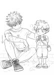  2boys arms_behind_back bag bangs boku_no_hero_academia closed_mouth greyscale highres knees_up looking_at_another looking_down male_focus midoriya_izuku monochrome multiple_boys overalls petting sandals scar_on_arm shirt shoes short_hair shorts shoulder_bag sitting sneakers standing t-shirt wengwengchim 