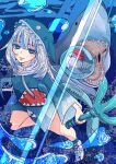  1girl artist_name bloop_(gawr_gura) blue_eyes blue_theme gawr_gura holding holding_weapon hololive hololive_english looking_at_viewer minxei open_mouth polearm reward_available shark smile trident underwater virtual_youtuber watermark weapon white_hair 