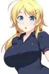  1girl :o ahoge bangs black_shirt blonde_hair blue_eyes blue_shirt breasts collarbone commentary_request eyebrows_visible_through_hair hachimiya_meguru hair_ornament hair_scrunchie hairclip highres idolmaster idolmaster_shiny_colors large_breasts long_hair looking_at_viewer low_twintails open_mouth pataneet polo_shirt scrunchie shirt short_sleeves simple_background solo swept_bangs twintails upper_body white_background 